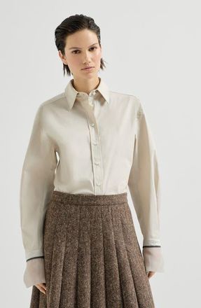 Brunello Cucinelli Stretch cotton poplin shirt with shiny silk cuffs in Ivory at Nordstrom, Size Xx-Small