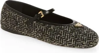 Prada Logo Herringbone Tweed Mary Jane Flat in Bianco/nero at Nordstrom, Size 39.5