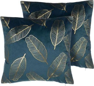 Beliani Conjunto De Cojines Decorativos En Terciopelo Azul Con Patr&oacute;n De Hoja 45 X 45 Cm Accesorio De Casa Moderno L&aacute;mina Dorada Freesia