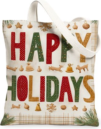 Generic Holiday Decorations Canvas Tote Bags, Festive Pattern Reusable Grocery Bags, Vintage Lightweight Washable Shoulder Strap Fo, Cream, 13x15 Inch