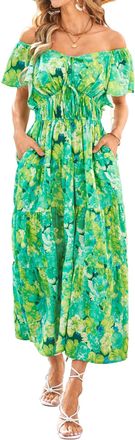 Grace Karin Women Elegant Floral Maxi Dress Ruffle Sleeve V Neck Summer Dress Casual Boho Dress Beach Dress Green Flower S