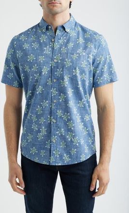 Reyn Spooner Honu Holoholo Turtle Print Short Sleeve Cotton Blend Button-Down Shirt in Riviera Blue at Nordstrom, Size Xx-Large