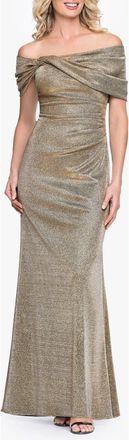 Betsy & Adam Galaxy Metallic Twist Detail Off the Shoulder Gown in Sand at Nordstrom, Size 12