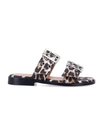 Ganni Leopard Print Slip On Sandals