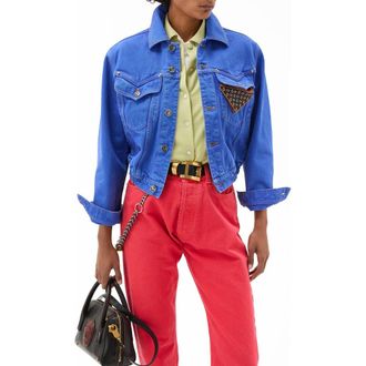 Versace Gender Inclusive Crop Denim Trucker Jacket in Sky Blue at Nordstrom, Size 0 Us