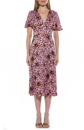 Alexia Admor V-Neck Puff Sleeve Midi Dress in Brown Floral at Nordstrom Rack, Size 4