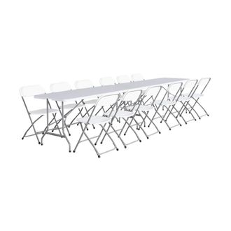 Sweeek Set de 2 mesas + 12 sillas plegables port&aacute;tiles para eventos, blanco