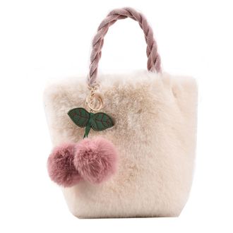 Generic Shoulder Bag - White Plush Handbag,modern design versatile favorite Soft Furry Carry Purse,long lasting Cute Cherry Pompon Accent | Fashion Accessory 