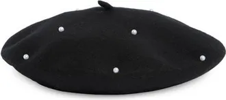 Tasha Imitation Pearl Wool Blend Beret in Black at Nordstrom