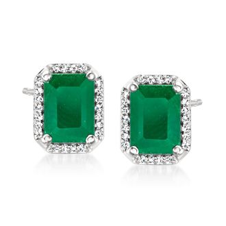 Ross-Simons Emerald and. Diamond Earrings in 14kt White Gold