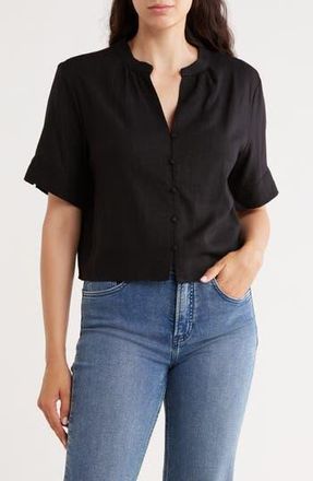 Halogen Short Sleeve Crop Button-Up Top in Rich Black at Nordstrom Rack, Size X-Large