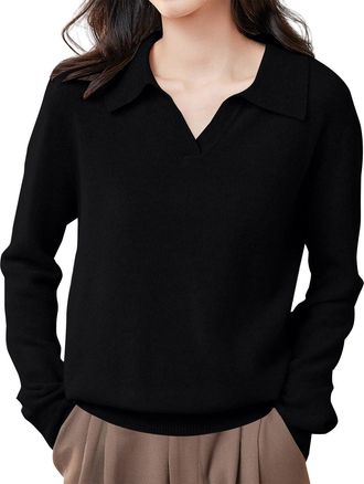 Generic Womens V Neck Collared Jumpers Long Sleeved Knitted Wool Pullover Elegant Temperament Soft Sweaters Ladies Casual Looks Turn Down Collar Jumper for Da