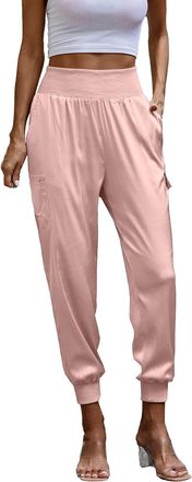 Generic Satin Elasticated Waist Trousers for Women - High Waisted Casual Baggy Joggers Pants Solid Colour Soft Comfort Womens Sweatpants with Pockets Slim Fit