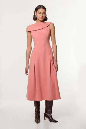Karen Millen Womens Compact Stretch Asymmetric Neck Tailored Full Skirted Dress - Coral - Size 12 UK