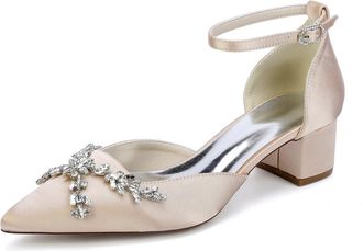 Generic Womens Shoes Evening Low Heel Bridal Wedding Pumps Satin Prom Party Dress Chunky Heels Pumps 4.5Cm,Champagne,10 UK