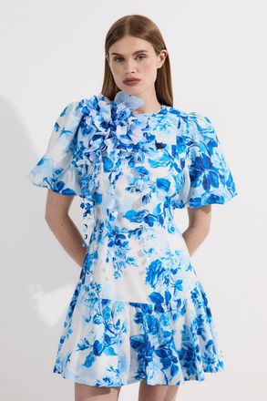 Karen Millen Womens Floral Print & Applique Puff Sleeve Woven Mini Dress - Blue viscose - Size 6 UK