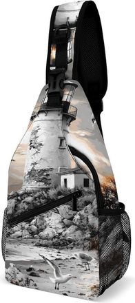 Generic Black And White Lighthouse Mens Shoulder Bags Sling Crossbody Backpack Travel Hiking Chest Bag with Small Side 38x20cm