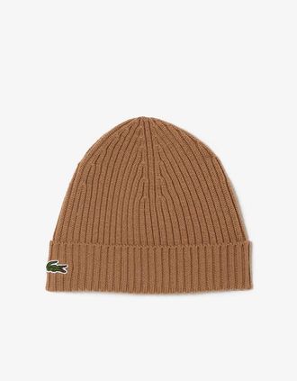 Lacoste Mens Lacoste Mens Rib Knit Brushed Wool Beanie - Brown
