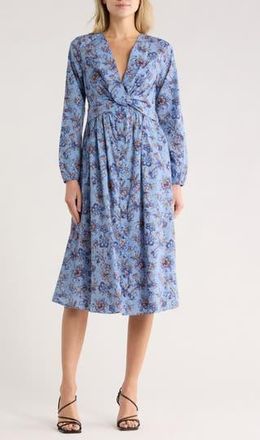 Derek Lam Valerie Twist Front Long Sleeve Cotton Dress in Denim Blue Multi at Nordstrom Rack, Size 00