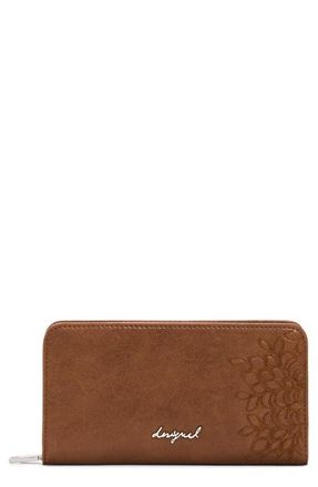 Desigual Medium Embroidered Long Faux Leather Wallet in Camel at Nordstrom
