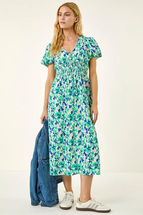 Roman Abstract Shirred Waist Midi Dress