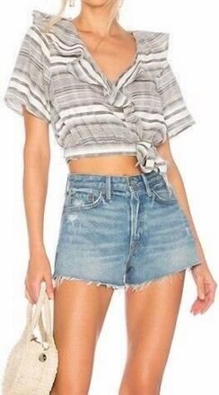 Tularosa Selma Wrap Striped Ruffle Short Sleeve Crop Top In Grey, White