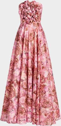Mac Duggal Strapless Floral A-Line Gown w/ 3D Flower