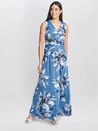 Gina Bacconi Womens Gayle Printed Maxi Dress With Ruched Waist - Blue - Size 12 UK