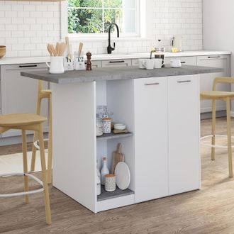 IDMarket Isla Central Bao 140 Cm Para 4 Personas En Madera Blanca Con Encimera Efecto Hormig&oacute;n
