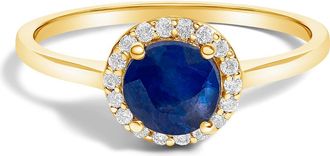 House of Brilliance 10K Gold Gemstone and 1/10 Cttw Diamond Halo Birthstone Ring in Yellow | Blue Sapphire at Nordstrom, Size 6.5