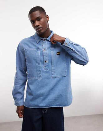 Stan Ray Camicia a maniche lunghe in denim lavaggio blu con abbottonatura corta