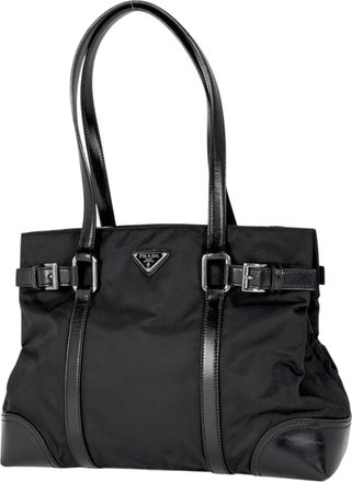 Prada Black Nylon Leather Handbag Tote Bag (Pre-Owned)
