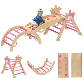 OEM 8 En 1 Tri&aacute;ngulo De Escalada De Madera Estructura De Escalada Montessori Tema De Corona Con Arco Y Rampa Rosa