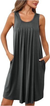 Generic for Women Solid Colour Pleated Vest Dress with Pockets Sleeveless Dress Summer Fashion Loose Casual Dresses Elastic Baggy Plus Size Dresses for Women 
