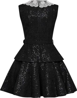 Self Portrait Womens Mini Dress Sequin Boucl&eacute; Belted Black Polyester