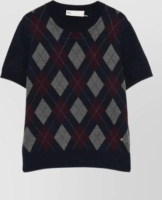 Tory Burch wool argyle short-sleeve crewneck sweater