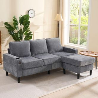 C&A L-Shaped 3-Seater Sectional Sofa with USB and Cup Holder for Apartment Living Room (Grey)