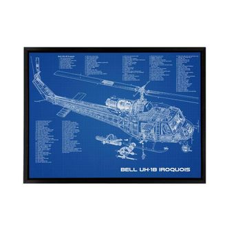 Artery8 Bell UH 1b Iroquois USA Helicopter Blueprint Framed Canvas Wall Art Print in Blue | Size: W24 x H32