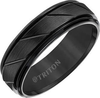 Triton 7MM Tungsten Carbide Ring with Diagonal Cut Center and Round Edge in Black at Nordstrom, Size 12.5