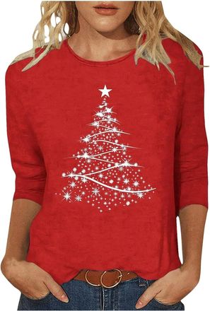 Generic Christmas Jumpers for Women Ladies Tshirts Funny Xmas Tree Printed Jumper Ugly Sweater Long Sleeve Pullover Winter Jumper Outwear Shirt Plus Size Crew