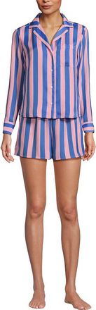 Lands End Plus Size Matte Satin 2 Piece Pajama Set - Long Sleeve Top and Shorts in Light Rose Pink/brisk Blue at Nordstrom, Size X-Large