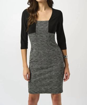 Joseph Ribkoff Plaid Print 3/4 Sleeves Sheath Dress In Black/white