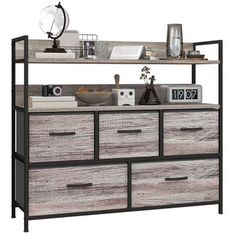 HOMCOM Bedroom Chest Of Drawers 5 Drawer Dresser W/ Shelves - Grey Wood Effect | TJ Hughes