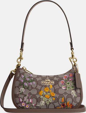 Coach Womens Teri Mini Crossbody Bag In Signature Jacquard With Floral Embroidery - Brown - One Size