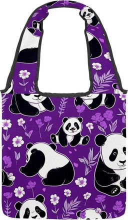 Generic Cute Panda on Purple Reversible Canvas Shoulder Tote - Double-Sided Print, 12oz Cotton, 27cm Drop, Fold-Flat Bag for Travel, Shopping, Street Outings