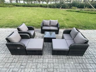Fimous 8 Seater High Back Rattan Garden Furniture Set with Square Coffee Table Love Sofa Reclining Chair Indoor Outdoor Patio Lounge Sofa Set