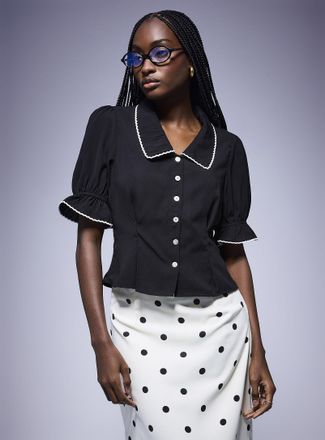 Icone Womens Scalloped-trim puff-sleeve blouse