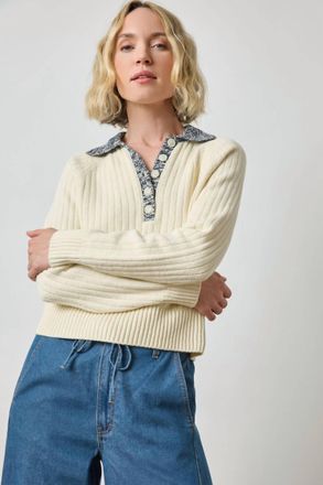 Lilla P Marled Henley Sweater Top In Magnolia