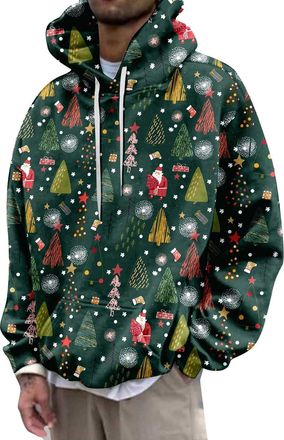 Generic Christmas Hoodie Men Crew Neck merry christmas Xmas tree Print Pullover Causal Long Sleeve Sweatshirt Classic Xmas Tops With Pocket Plus Size Outfit F