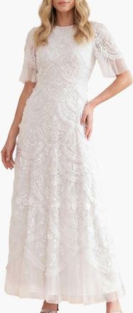 Needle & Thread Carmen Ruffle Maxi Dress in Swan White at Nordstrom, Size 18
